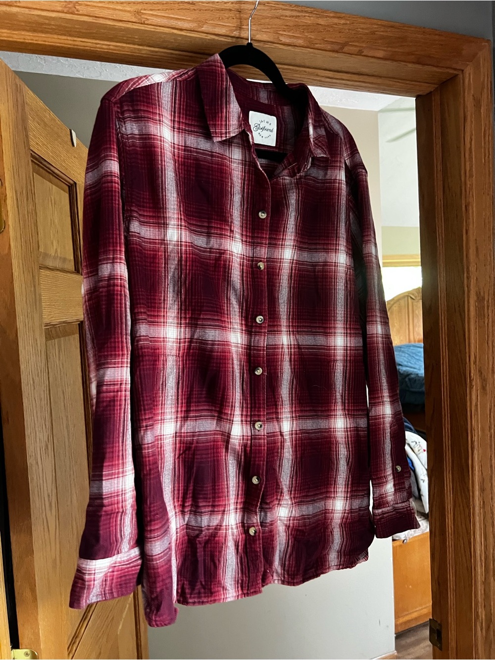 Button-Down Plaid Shirt - Burgundy White
